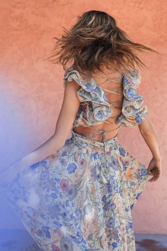 Belinda - Abito lungo Garden Romance in chiffon floreale elegante, abito da cerimonia